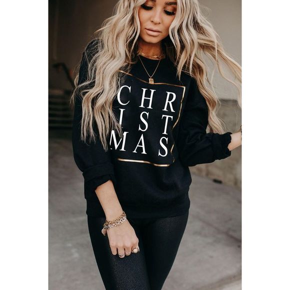 Azura Exchange  Black CHRISTMAS Glitter Print Crew Neck Sweatshirt - Picture 4 of 9